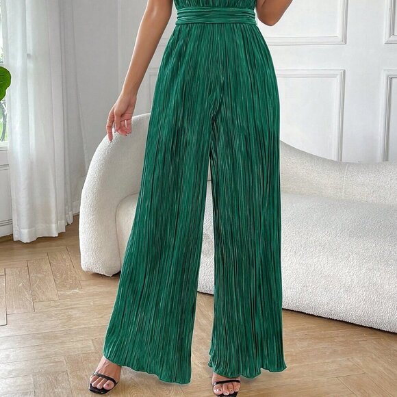 Green  Women's Sleeveless Halter Neck Wide Leg Jumpsuit - Picture 3 of 7